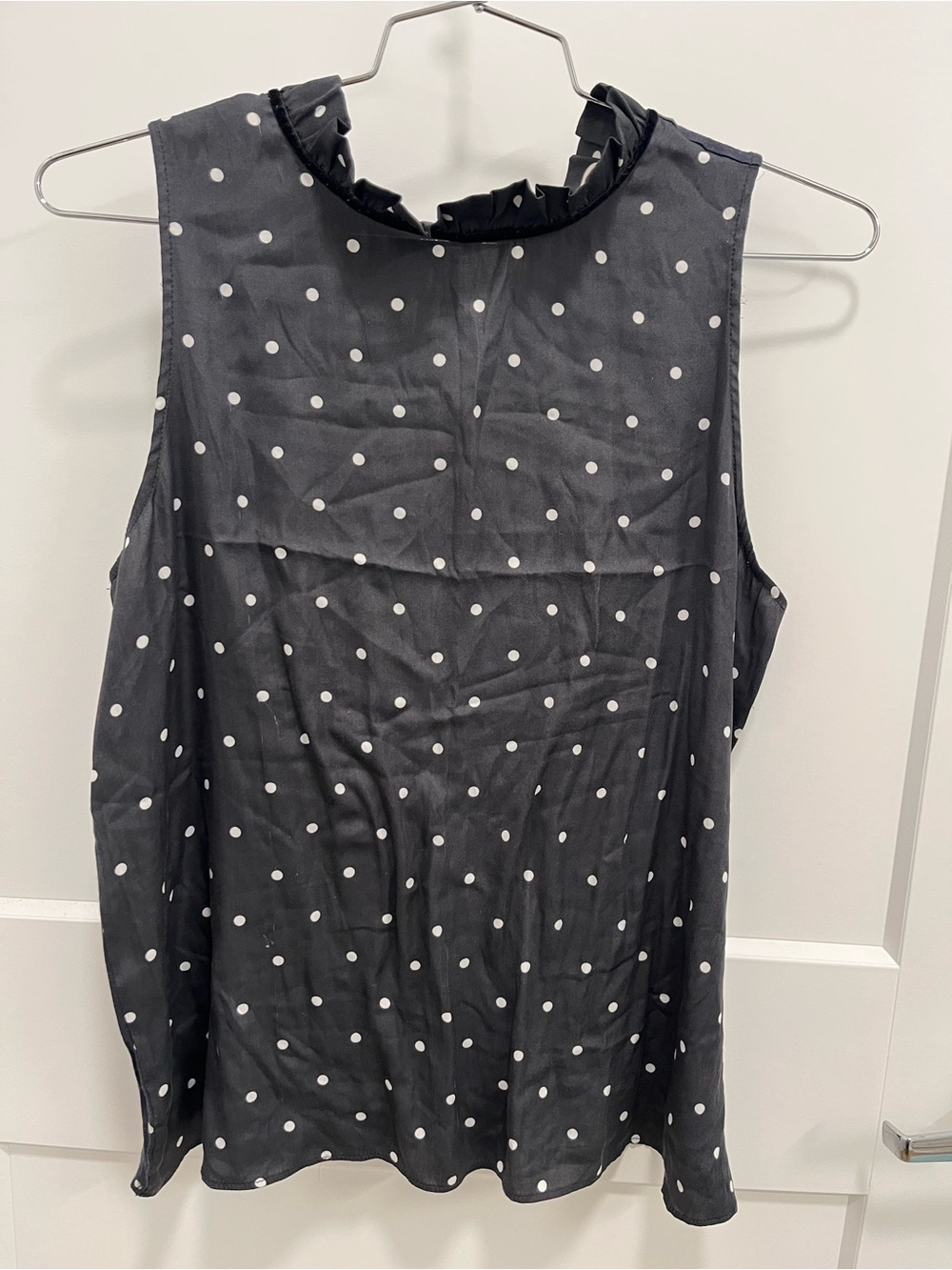 Blue Polka Dot Sleeveless Ruffle Neck Top